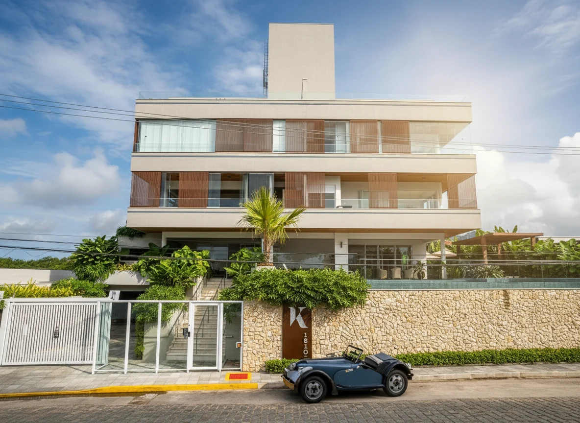 Fachada do Ankor com brises em madeira e muro de pedra