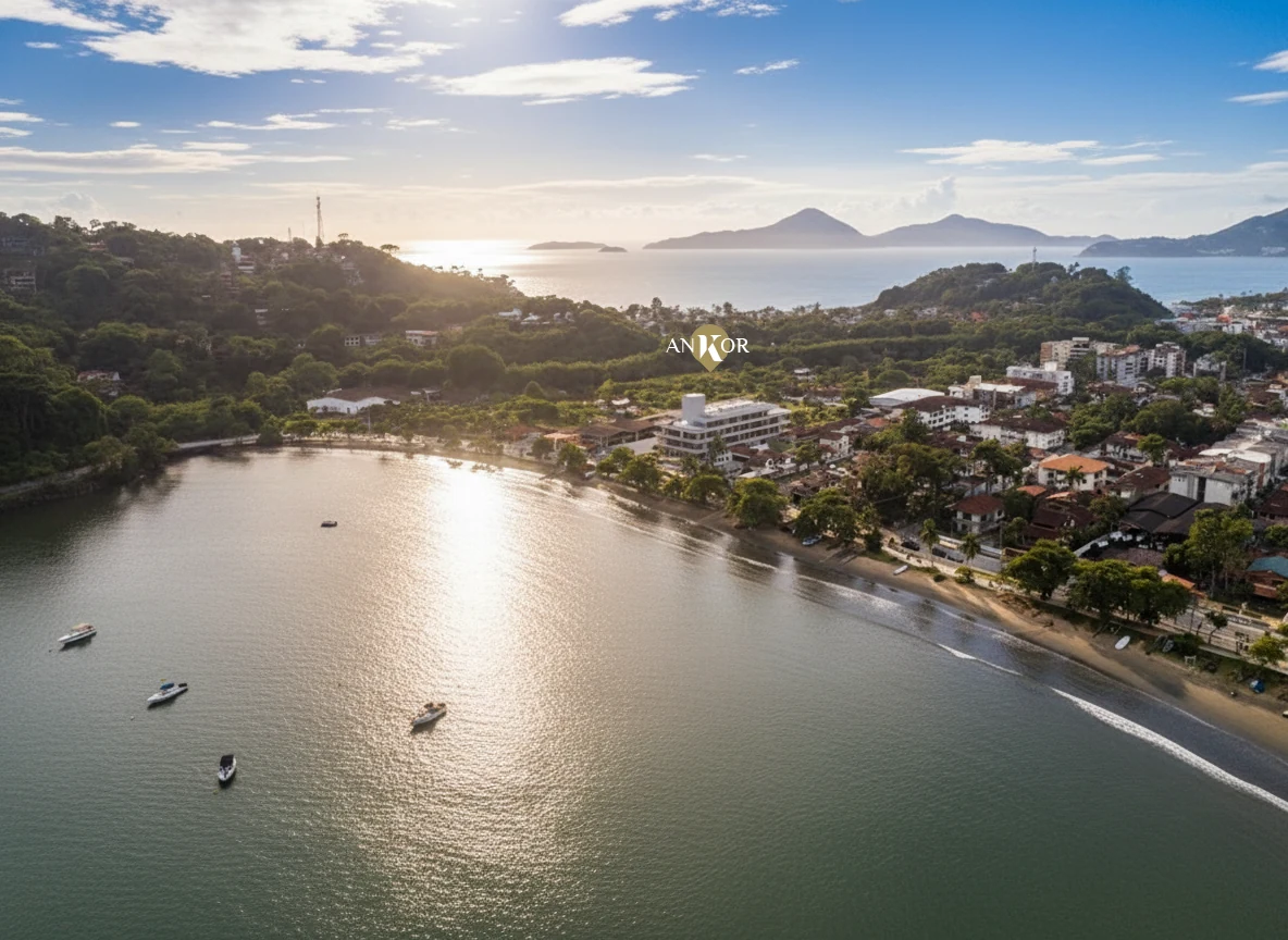 Vista aérea da baía do Itaguá com a localização do Ankor