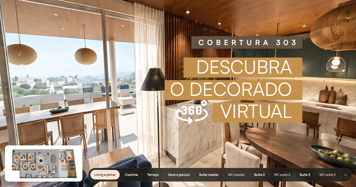 Decorado virtual da Cobertura 303: living e jantar em 360°