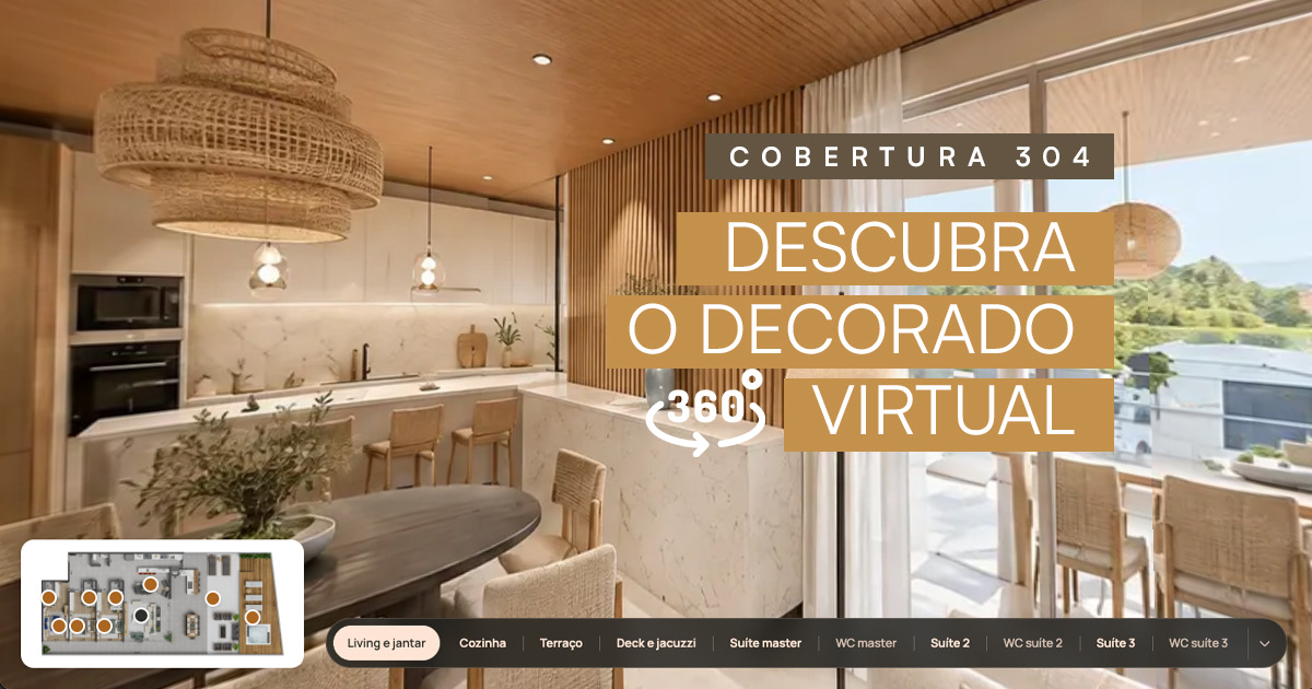 Decorado virtual da Cobertura 304: living e jantar em 360°